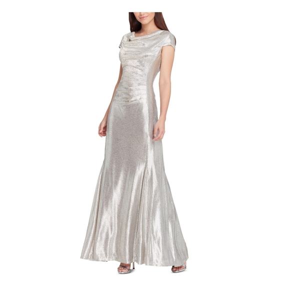 Tahari Arthur S. Levine Women's Silver Cowl Neck Maxi Formal Dress Size 4 - Picture 10 of 11